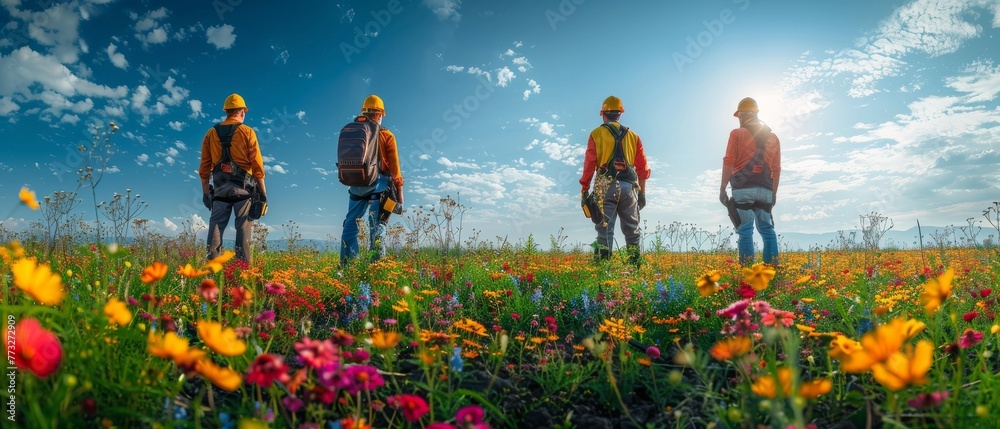 Poster Teams of Business Engineers searching for blueprints in construction sites through blurry construction sites at sunset.
