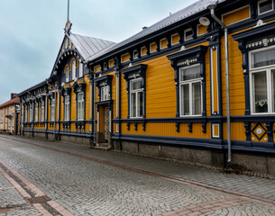 Rauma, Finland -  main street of old town wooden buildings district.