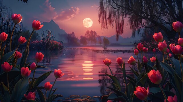 Mystical garden where the flowers hum melodies and the moonlight dances