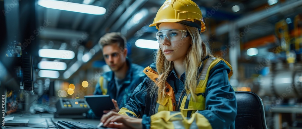 Poster a female industrial engineer in a factory works on her laptop. she creates a 3d engine model while t