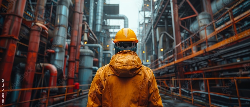 Poster a hardhat-wearing industrial engineer walks through a manufacturing factory with a variety of metalw
