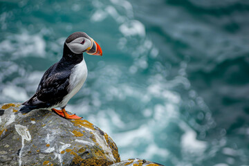 A lone Atlantic puffin bird perched on a rock above the ocean