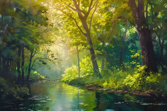 drawing of nature, landscape of a forest with a river. soft light