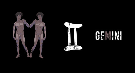 Gemini. T-shirt design of two naked African-American twins and the Gemini symbol on a black background.