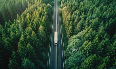 Obraz premium A white truck cruising along a road slicing through a stunning, lush green forest, depicting transportation.