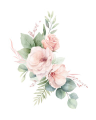 Dusty pink roses flowers and eucalyptus leaves. Watercolor vector floral bouquet. Foliage arrangement for wedding invitations, greetings, fashion, decoration. Hand painted illustration.