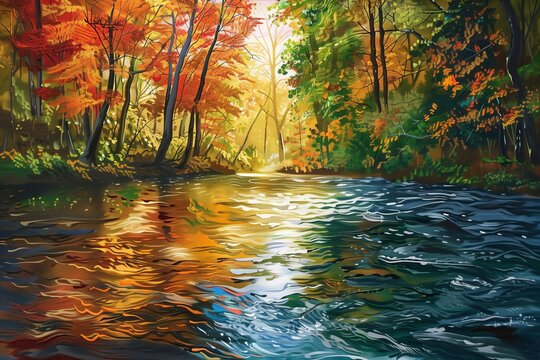 drawing of nature, landscape of a forest with a river. soft light