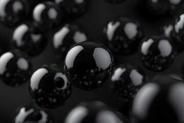 3D black spheres of different sizes and transparency. Dark colour palette. Abstract background.
