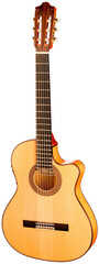 Obraz premium Classical Spanish flamenco guitar close up, dramatically lit isolated on white background with copy space.