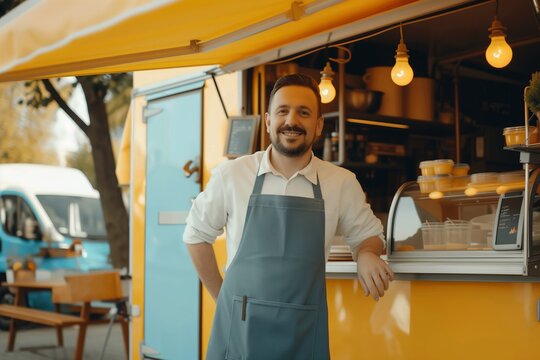 fast food a man in a bright yellow apron against the backdrop of a food truck