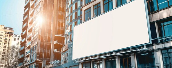 Large blank billboard ready for advertising content with cityscape background, surrounded by modern buildings and greenery