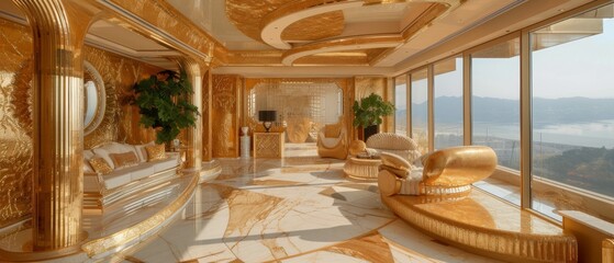 A deluxe golden penthouse studio, with panoramic views, gold-veined marble surfaces, and designer golden decor, epitomizing the height of luxury living. - obrazy, fototapety, plakaty