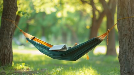 A close-up of a camping hammock strung between two trees, with a book resting on the occupant's...