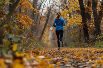 Fototapeta premium A woman jogs on a wooded trail covered with fallen leaves