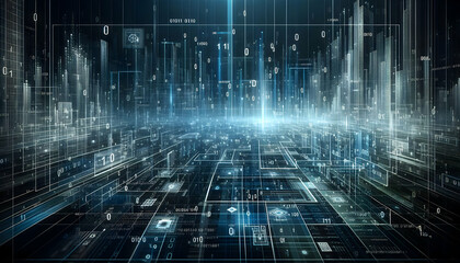 Binary Blueprint A digital grid blueprint for the binary world of business and tech. in business innovation abstract theme ,Full depth of field, clean bright tone, high quality ,include copy space, No