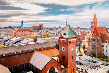 Wrocław market hall with tower and city centre aerial drone view - obrazy, fototapety, plakaty
