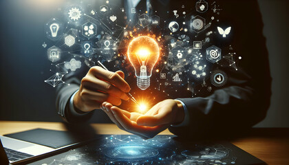 Creative Spark A hand with a glowing abstract icon representing the spark of new ideas. in business innovation abstract theme ,Full depth of field, clean bright tone, high quality ,include copy space,