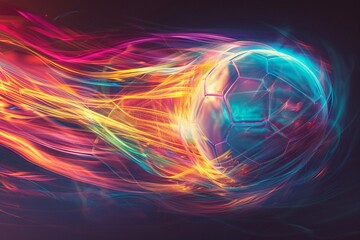 Obraz premium Ball with colorful trails, against dark sleek background, angled shot, highlighting motion and sport