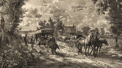 Old engraving depicting a historical scene, rich in fine lines and details, evoking a sense of nostalgia and vintage charm.