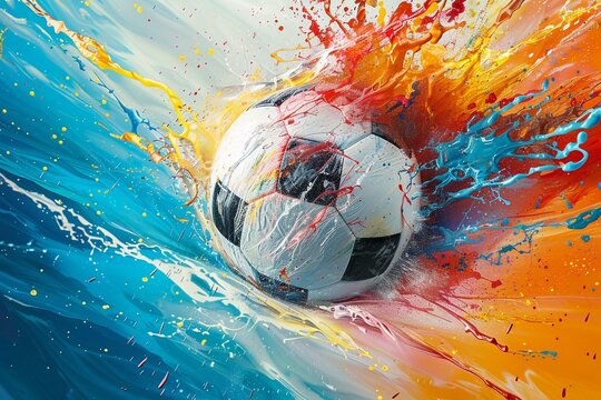 Brilliant colors erupt, soccer ball forefront, hyperreal on white, birds eye view for impact