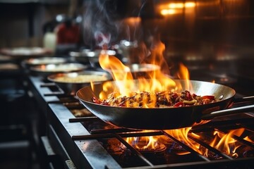 Cooking delicious food in a frying pan over a hot flame for tasty and flavorful home-cooked meals