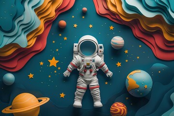 Astronaut in a white protective suit in outer space among celestial bodies and stars, made in paper cutout style.