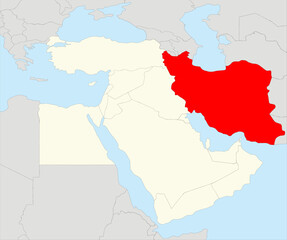 Red simple blank political map of IRAN with black national country borders on gray  continent background and blue sea surfaces using orthographic projection of the highlighted beige Middle East
