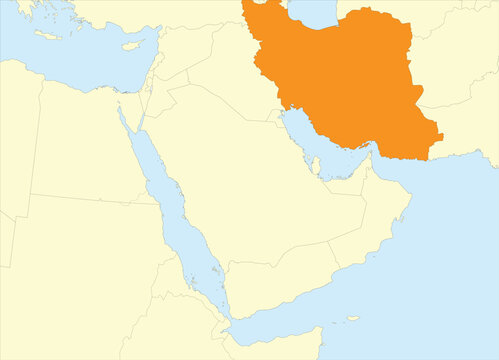 Orange detailed blank political map of IRAN with black national country borders on beige continent background and blue sea surfaces using orthographic projection of the Middle East