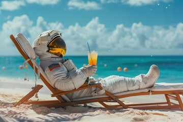 Relaxing astronaut in a white spacesuit lies on a wooden sun lounger on a sandy beach with a glass of orange delicious cocktail with a striped white and blue straw - obrazy, fototapety, plakaty