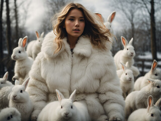 a girl in a white natural fur coat with rabbits next to her
