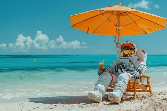 Relaxing astronaut in a white spacesuit lies on a wooden sun lounger under yellow umbrella on a beach with a glass of delicious cocktail with a yellow straw