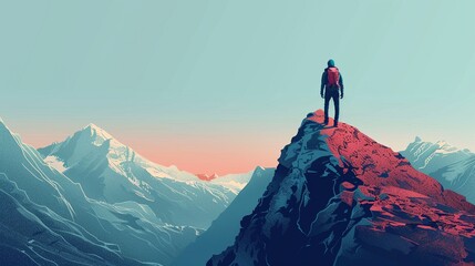 Man on mountain path, simple vector design, clear sky colors, overhead shot