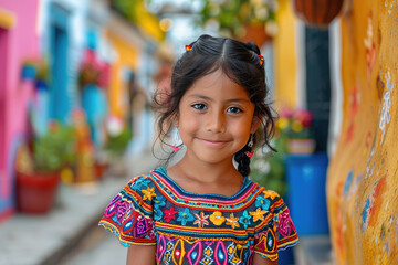 Young charming smiling latin brown eyed brunette girl with a braid in a colorful dress on a city street - obrazy, fototapety, plakaty