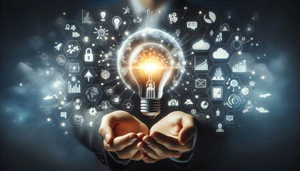 Idea Illumination A hand holding an abstract lightbulb illuminating a path of icons. in business innovation abstract theme ,Full depth of field, clean bright tone, high quality ,include copy space, No