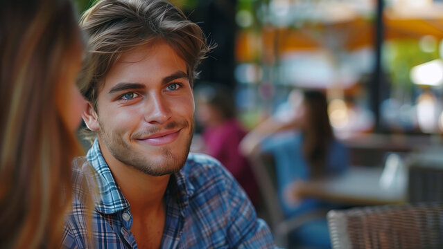 Young AI couple have a date in a restaurant at the terace.