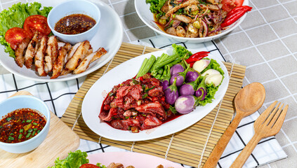 Spicy Minced Beef Salad with Green Vegetables and Chillies