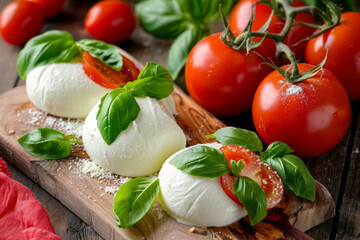 Mozzarella cheese, tomatoes, and basil leaves