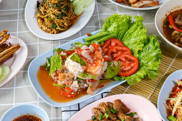 Vermicelli salad is a popular Thai salad. Spicy Thai food concept.