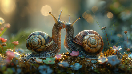 Two snails are hugging each other on a flower bed. Scene is warm and affectionate - obrazy, fototapety, plakaty