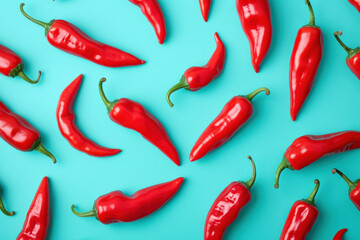 Various red chili peppers on a vibrant turquoise background, top view flat lay with copy space,...