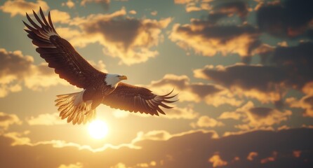 Obraz premium A bald eagle soars against a backdrop of the golden sun, surrounded by clouds in the foreground