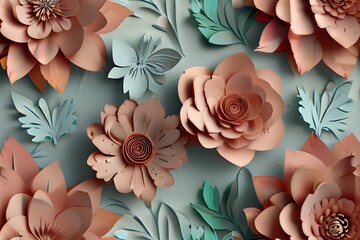 3d render, horizontal floral pattern. Abstract cut paper flowers isolated on white, botanical background. Rose, daisy, dahlia, butterfly, leaves in pastel colors. Modern decorative handmade design Gen