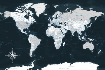 World Map - Highly Detailed Vector Map of the World. Ideally for the Print Posters. Black Blue Gray Colors. With Relief and Depth - obrazy, fototapety, plakaty