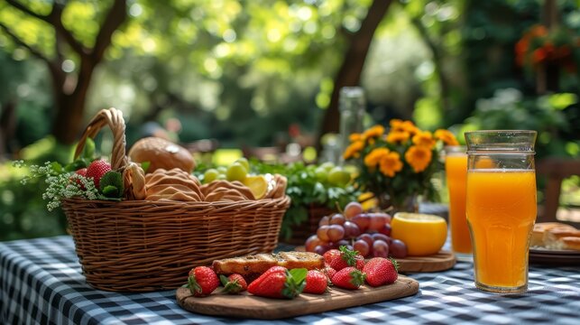  a basket of orange juice beside it, another holding bread nearby, and a third displaying strawberries