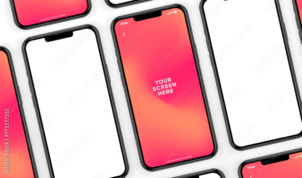 Poster 3D realistic high quality smartphone mockup with isolated background. Smart phone mockup collection. Device front view. 3D mobile phone with shadow on white background.