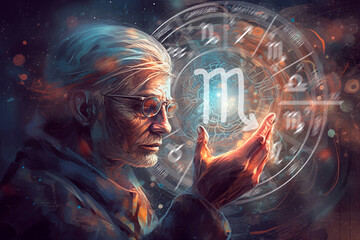 old magician holds the zodiac sign Scorpio on the background of outer space - obrazy, fototapety, plakaty