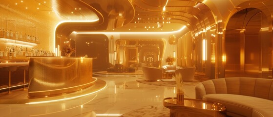 An extravagant golden lounge, where every surface gleams with gold, from the lavish bar to the sumptuous sofas, embodying pure luxury.
