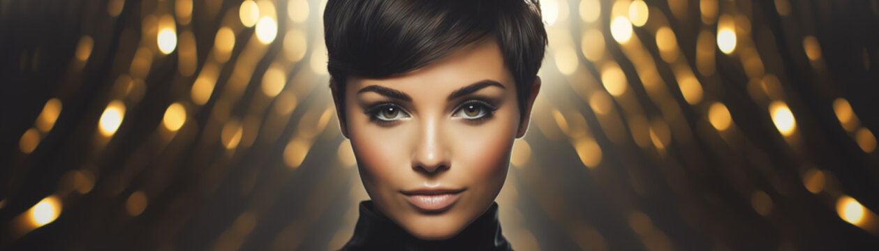 Studio portrait of beautiful brunette woman with short hairstyle on colour background