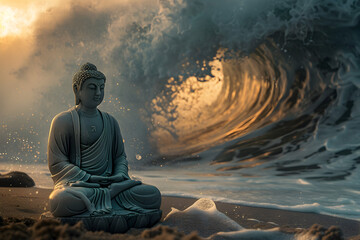 A statue of Buddha is sitting on a rock near the ocean. The statue is surrounded by water and the waves are crashing in the background. Concept of peace and tranquility. Generative AI