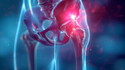 Medical concept with focus on hip pain radiating red against a blue background - obrazy, fototapety, plakaty